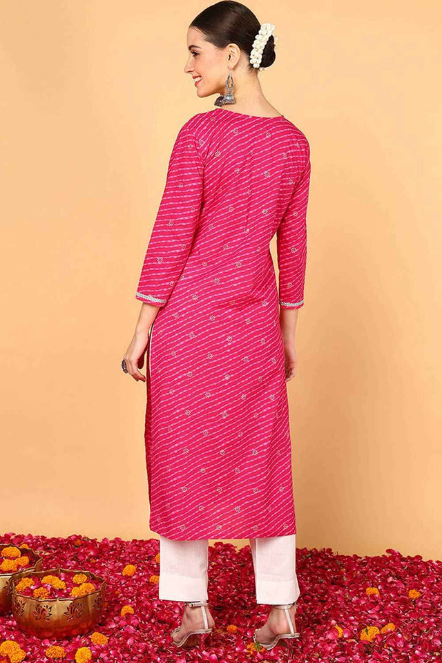 Pink Cotton Leheriya Straight Kurti