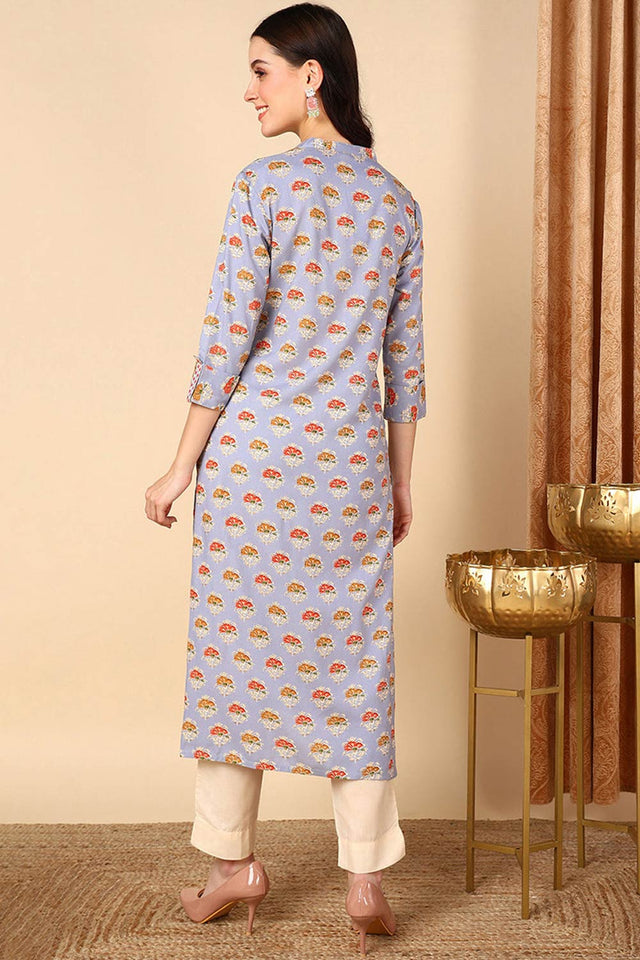 Blue Cotton Printed Straight Kurti