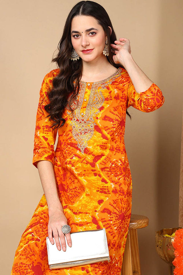 Orange Rayon Abstract Print Straight Kurti