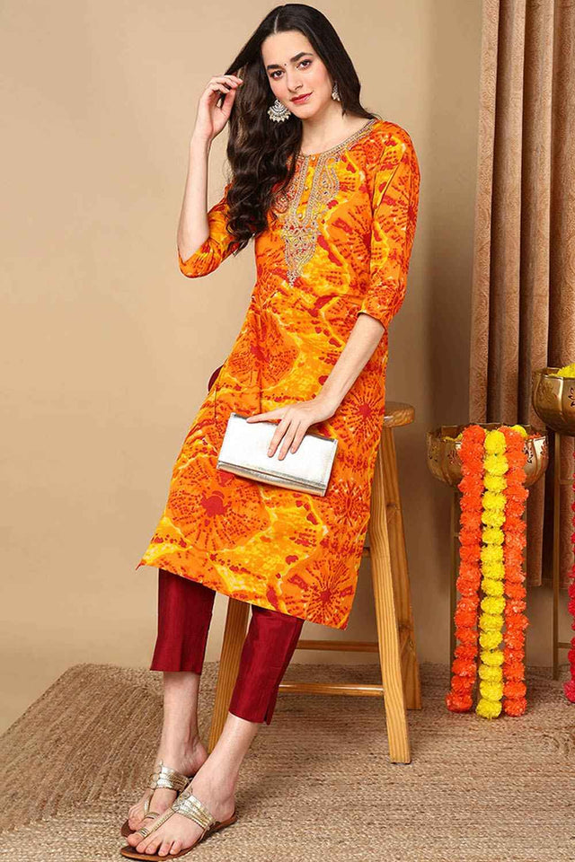 Orange Rayon Abstract Print Straight Kurti