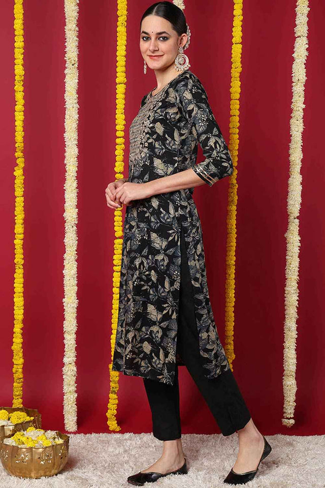 Blue Silk Blend Floral Print Round Neck Kurti