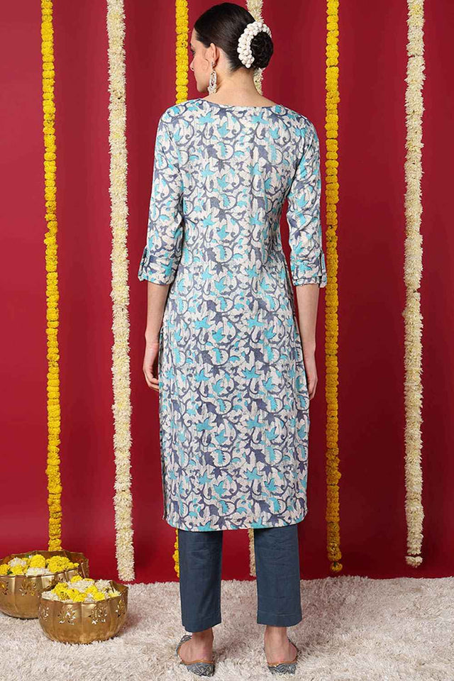 Beige Silk Blend Printed Straight Kurti