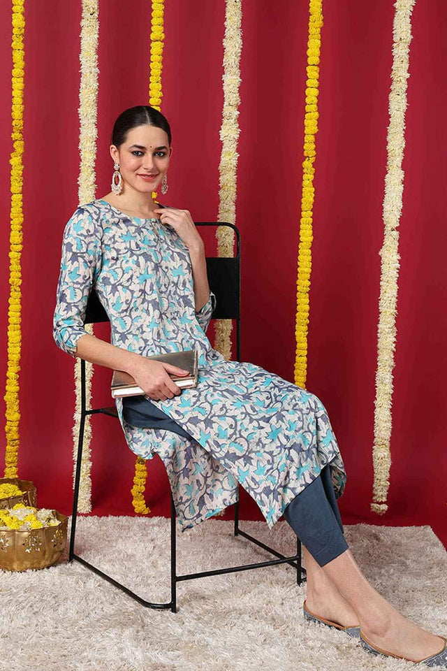 Beige Silk Blend Printed Straight Kurti