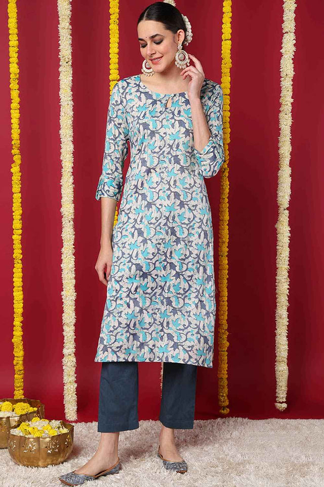 Beige Silk Blend Printed Straight Kurti