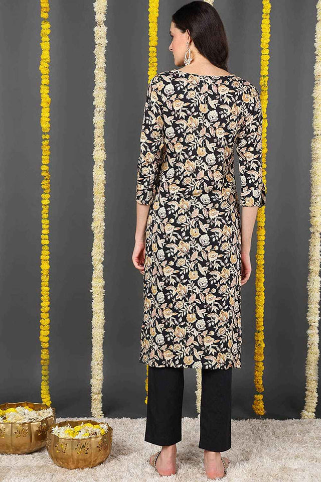 Black Rayon Floral Print Round Neck Kurti (N2ZVCK9720-XS)