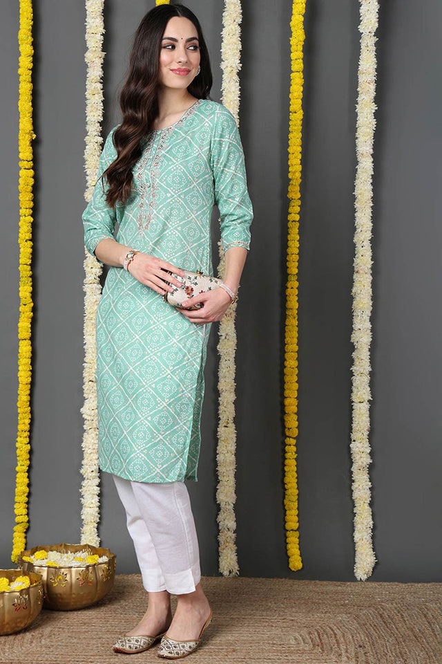 Green Cotton Blend Bandhani Round Neck Kurti