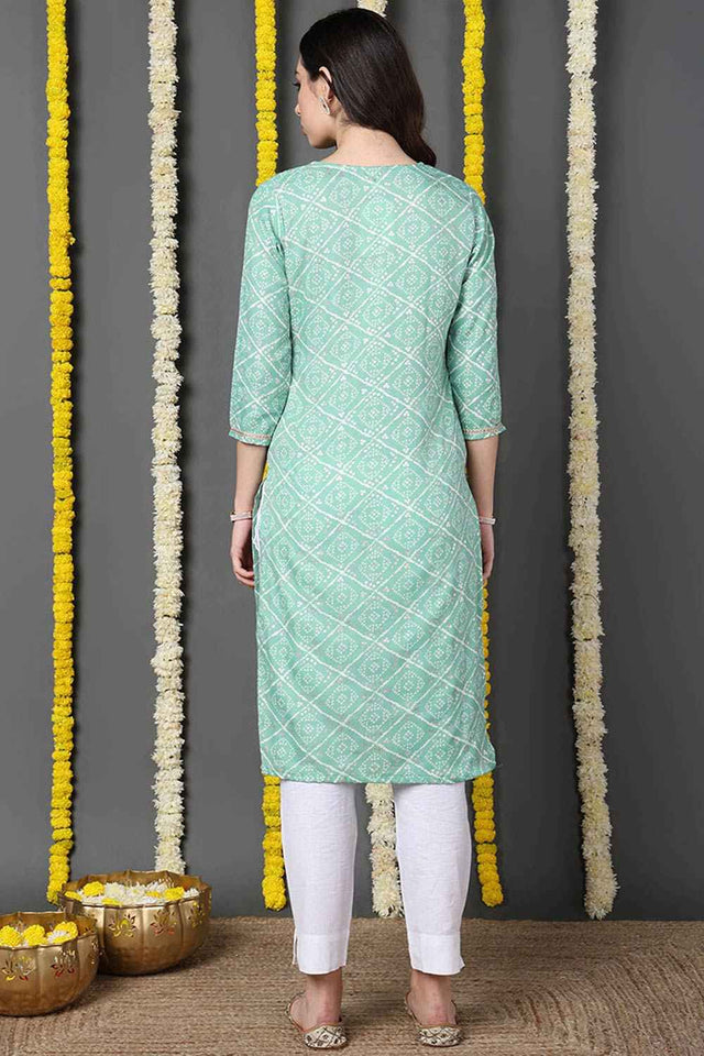 Green Cotton Blend Bandhani Round Neck Kurti