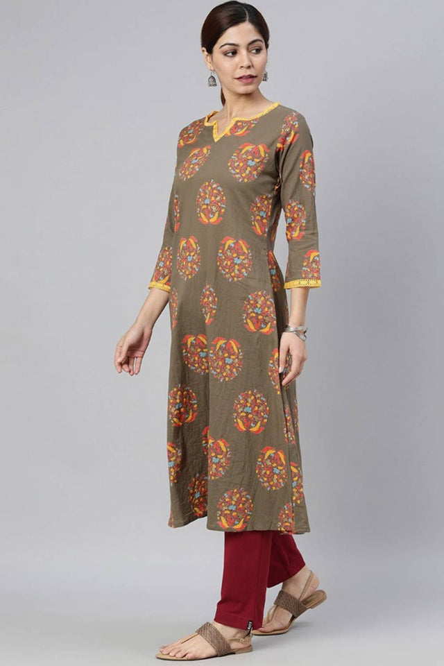 grey Cotton Round Neck Kurti