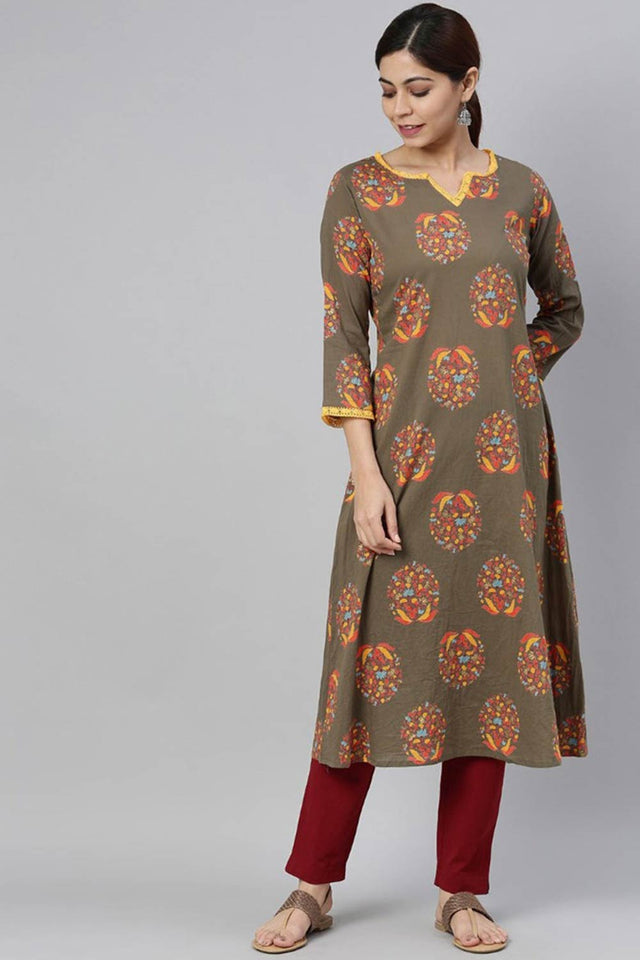 grey Cotton Round Neck Kurti