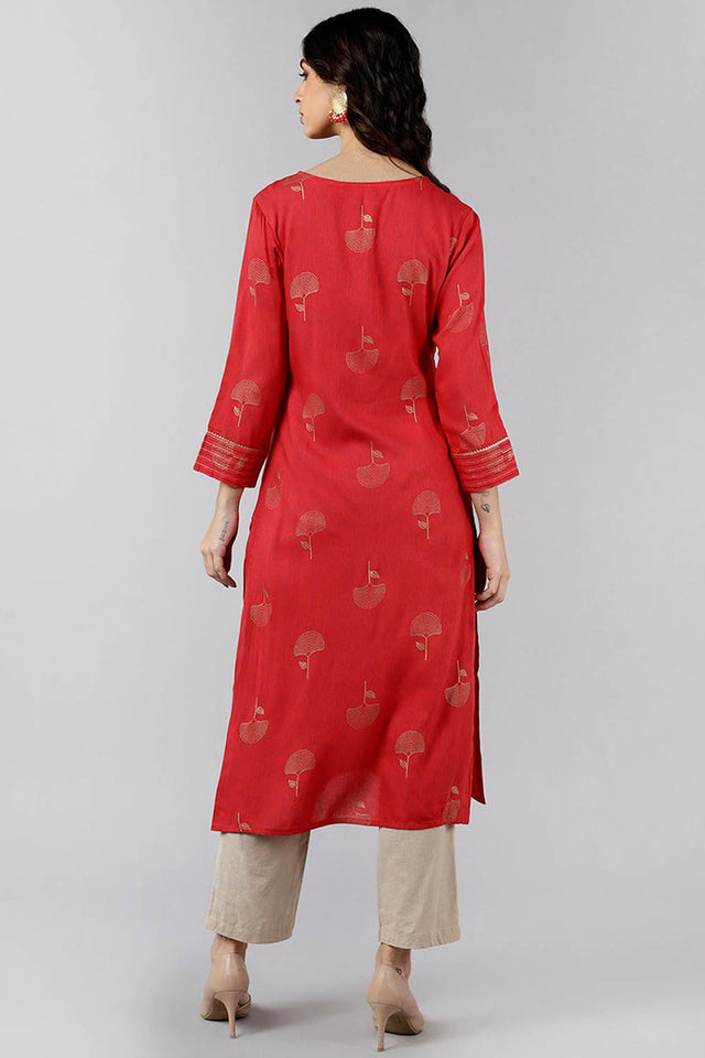 Red Cotton Round Neck Kurti
