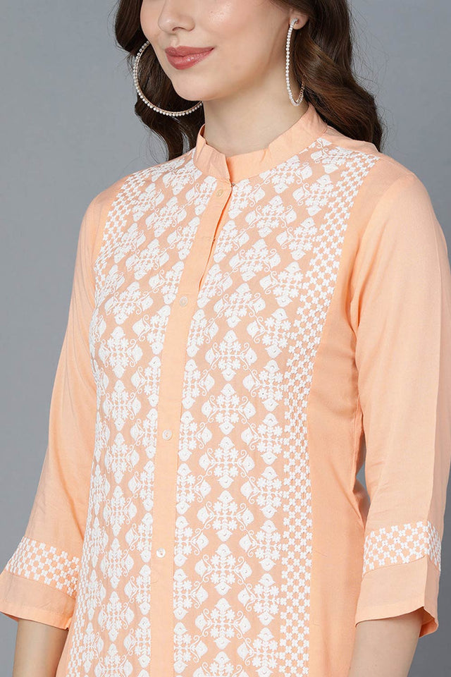 Pink Polysilk Embroidered Mandarin Collar Kurti