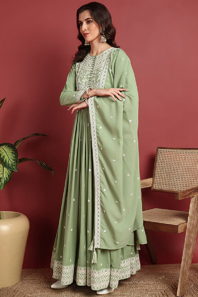 Green Georgette Embroidered Thread Work Flared Kurti Set