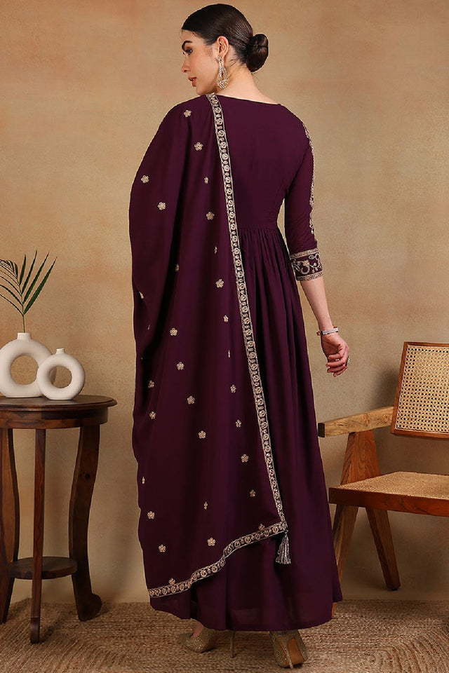 Maroon Poly Georgette Embroidered Anarkali Kurti Set