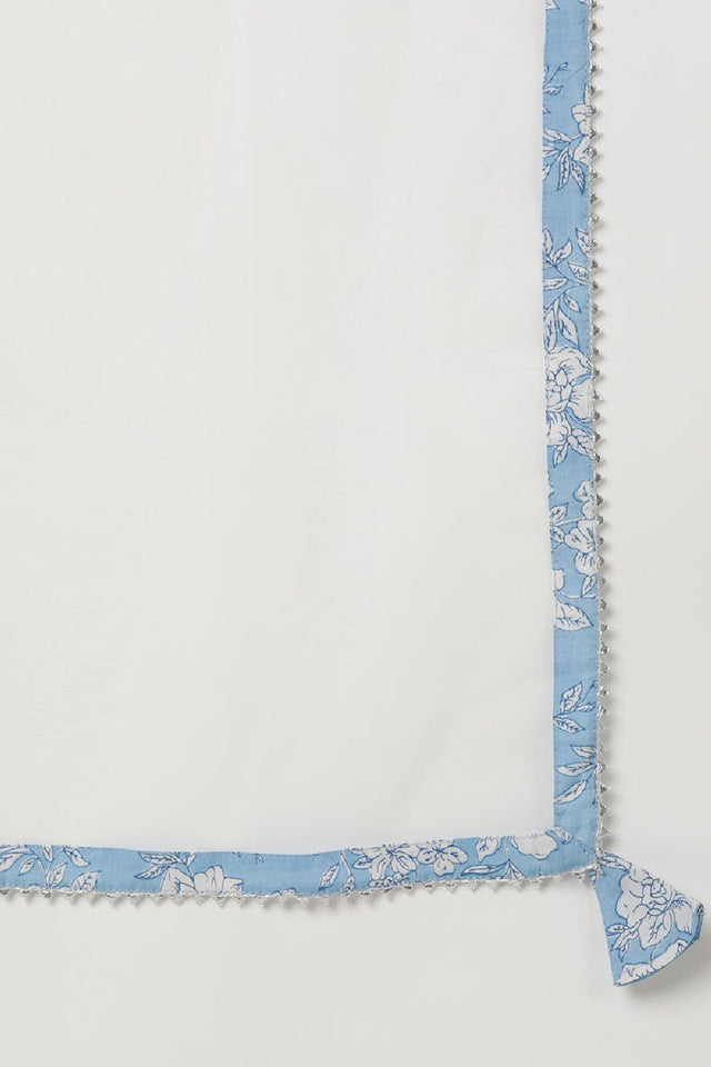 Blue Rayon Blend Floral Straight Kurti Pant With Dupatta