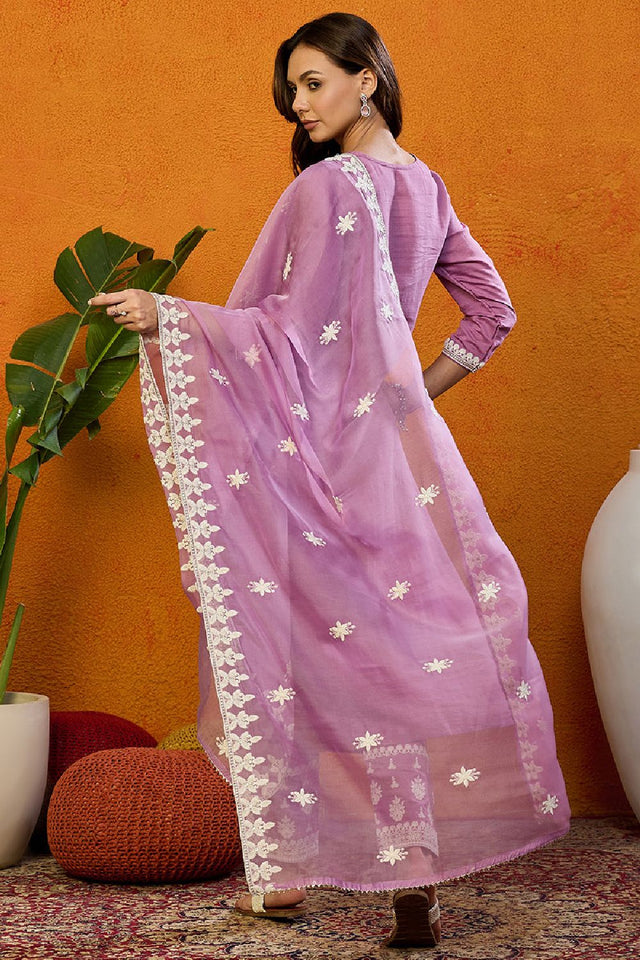 Pink Silk Blend Solid Embroidered Straight Cut Suit Set