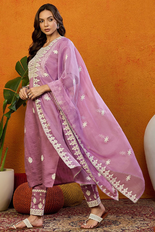 Pink Silk Blend Solid Embroidered Straight Cut Suit Set