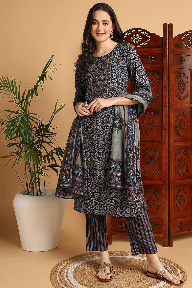 Blue Pure Cotton Floral Printed Kurti Pant Set