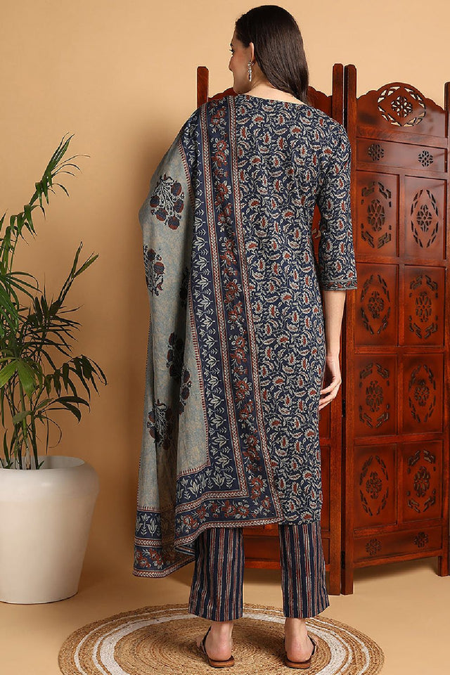 Blue Pure Cotton Floral Printed Kurti Pant Set