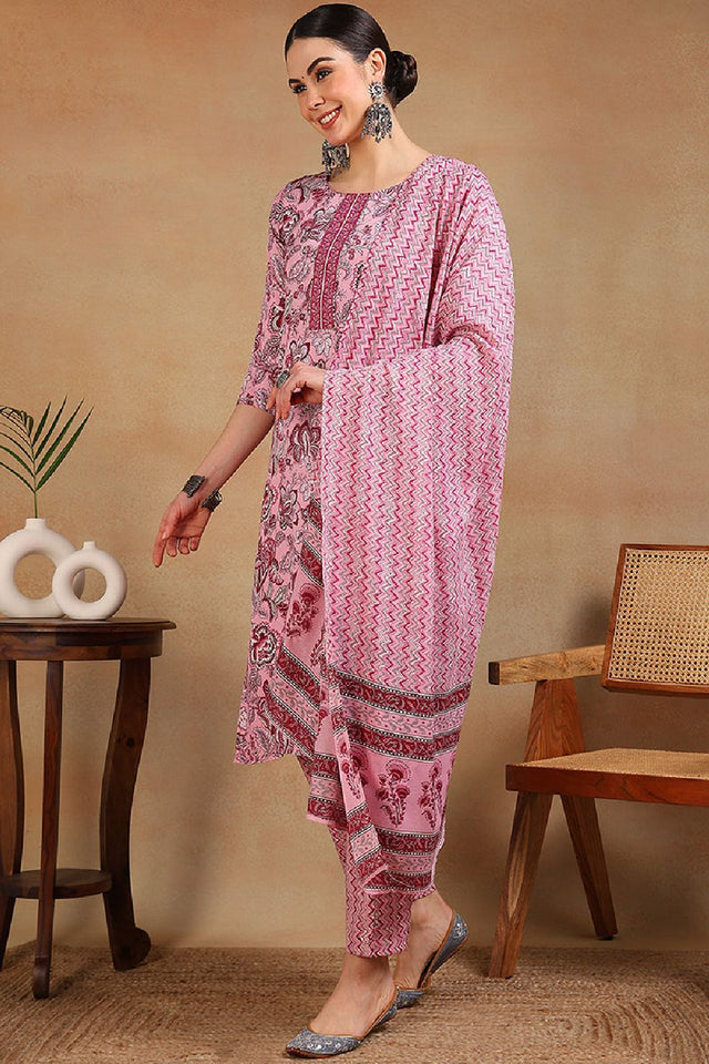 Pink Rayon Blend Floral Printed Straight Cut Suit Set