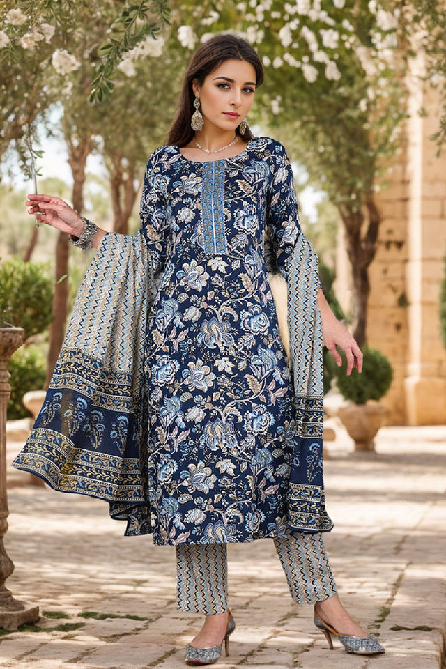 Blue Rayon Blend Floral Printed Straight Cut Suit Set