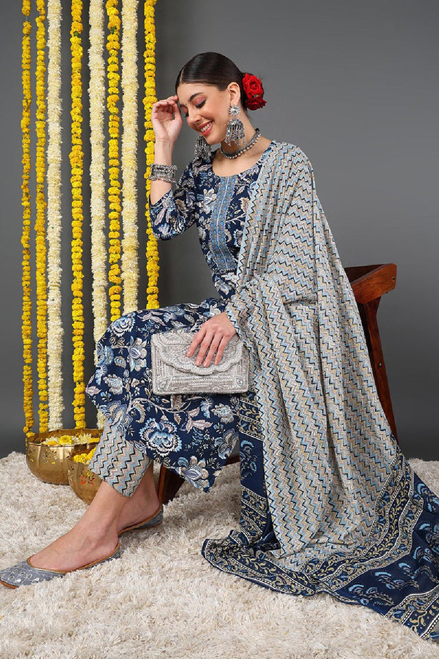 Blue Rayon Blend Floral Printed Straight Cut Suit Set