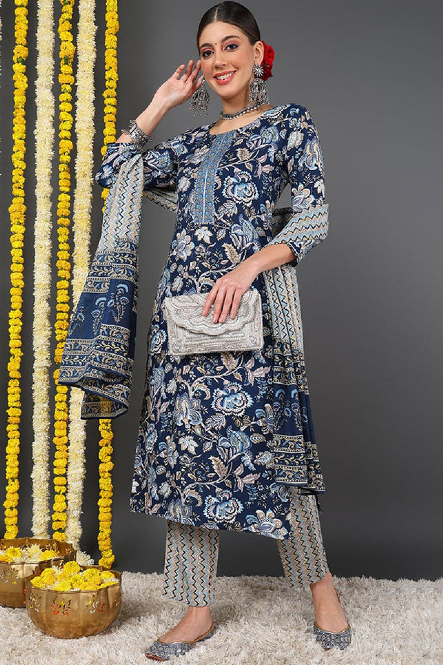 Blue Rayon Blend Floral Printed Straight Cut Suit Set