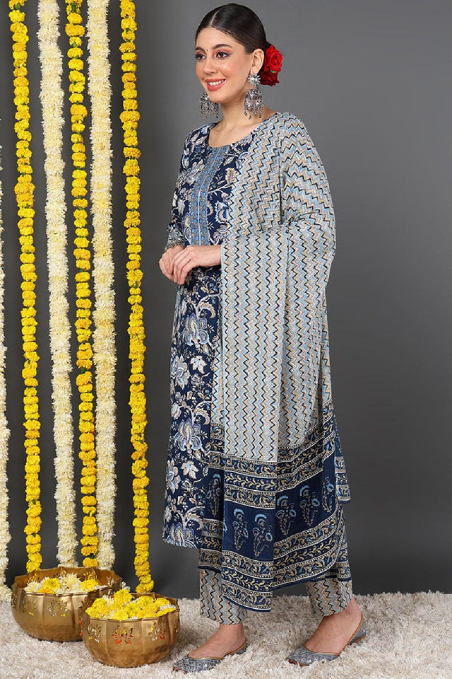 Blue Rayon Blend Floral Printed Straight Cut Suit Set