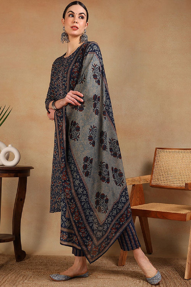 Blue Viscose Rayon Floral Embroidered Straight Cut Suit Set
