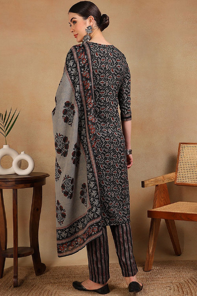 Black Viscose Rayon Floral Embroidered Straight Cut Suit Set