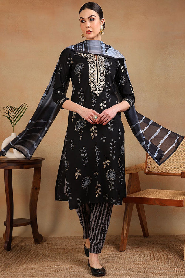 Black Rayon Floral Printed Yoke Design Straight Cut Suit Set