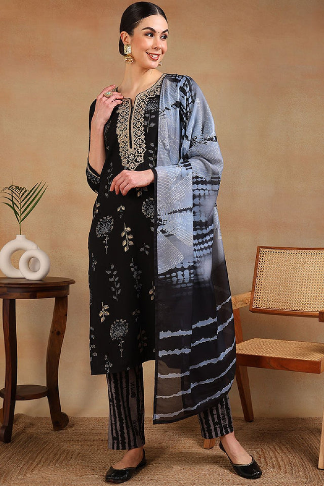 Black Rayon Floral Printed Yoke Design Straight Cut Suit Set