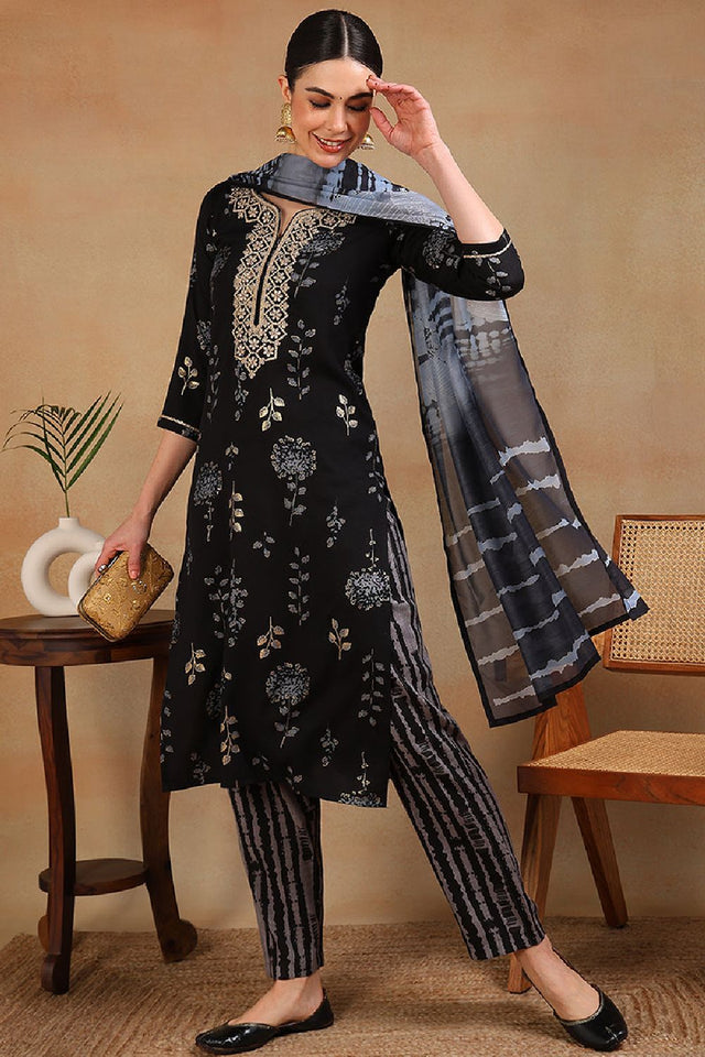 Black Rayon Floral Printed Yoke Design Straight Cut Suit Set