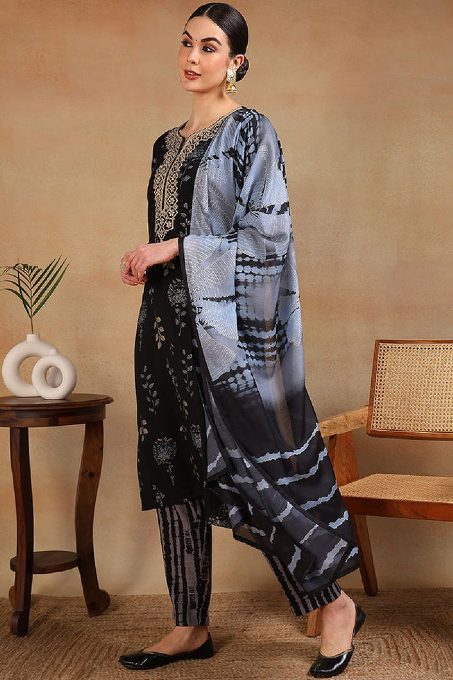 Black Rayon Floral Printed Yoke Design Straight Cut Suit Set