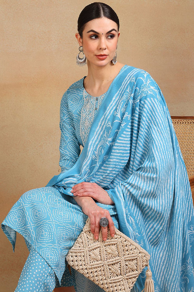 Blue Viscose Rayon Bandhani Embroidered Straight Cut Suit Set