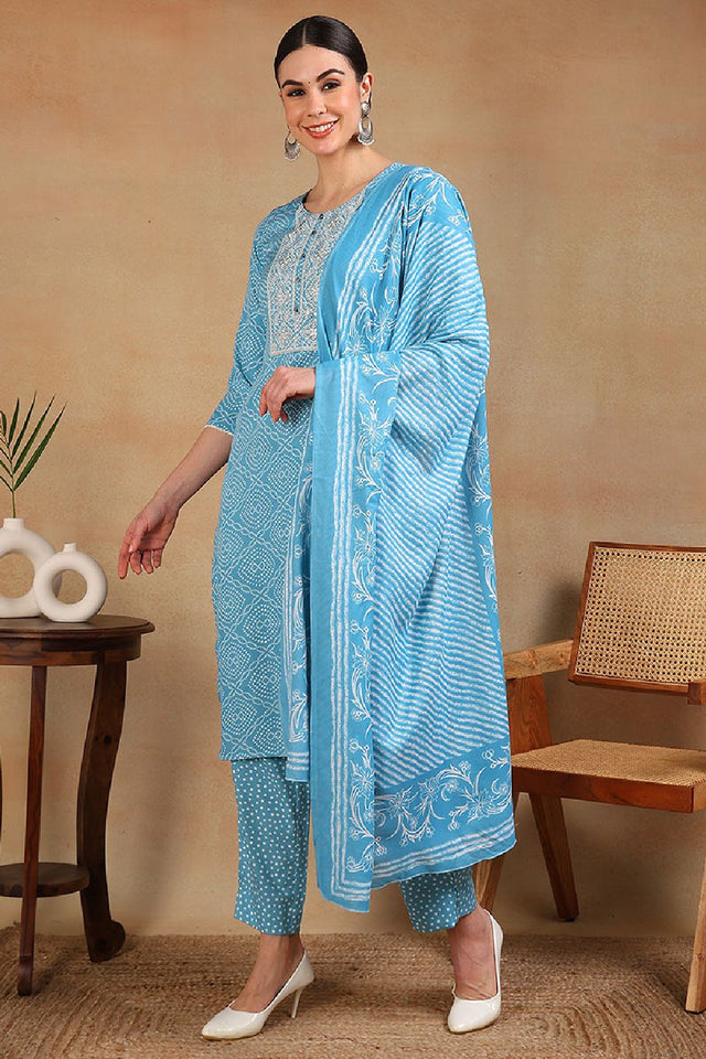 Blue Viscose Rayon Bandhani Embroidered Straight Cut Suit Set