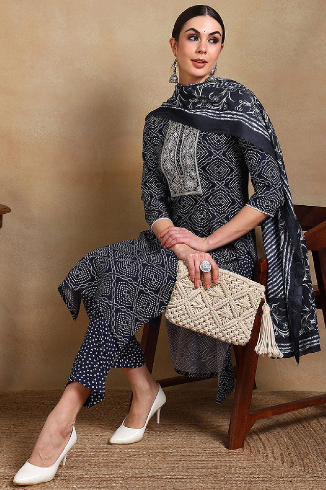 Navy Blue Rayon Blend Bandhani Printed Straight Cut Suit Set