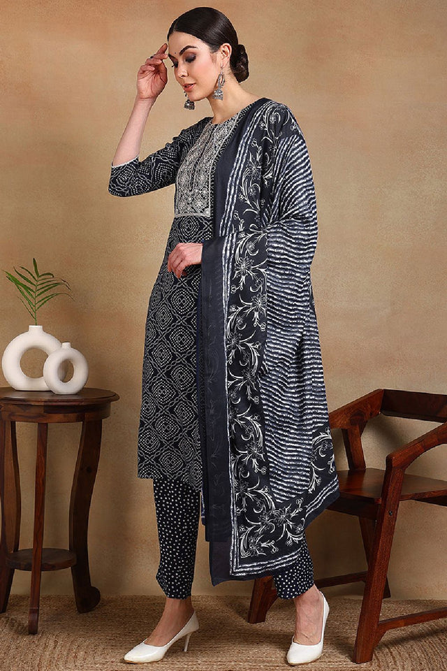 Navy Blue Rayon Blend Bandhani Printed Straight Cut Suit Set