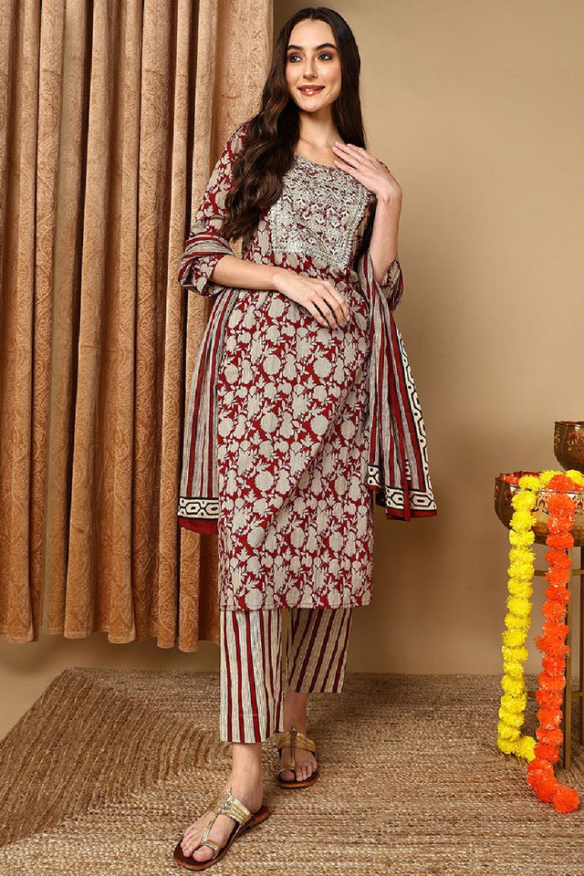Maroon Rayon Blend Embroidered Floral Printed Straight Cut Suit Set