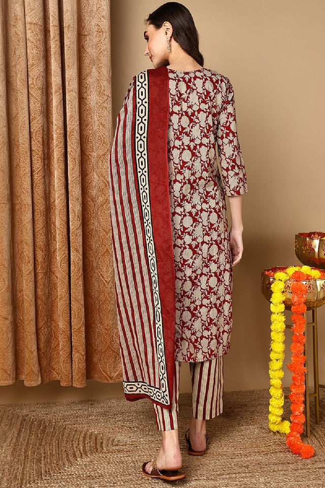 Maroon Rayon Blend Embroidered Floral Printed Straight Cut Suit Set
