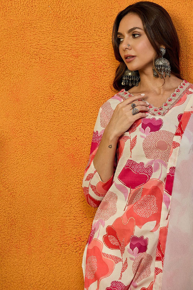 White Cotton Blend Floral Printed Straight Cut Suit Set