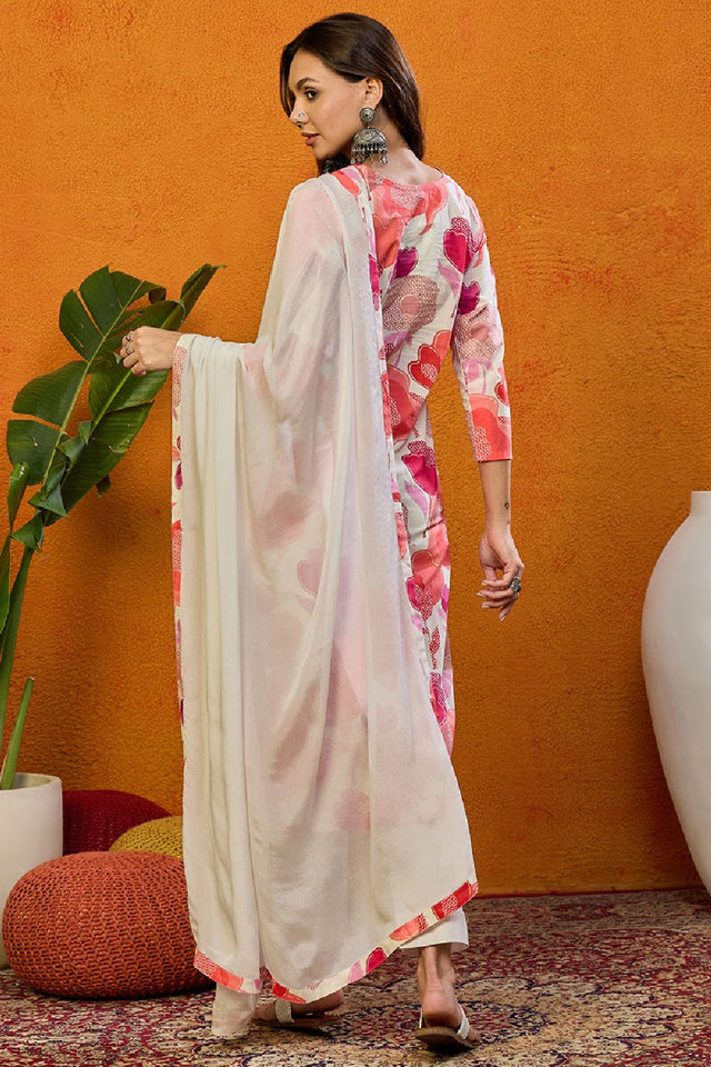 White Cotton Blend Floral Printed Straight Cut Suit Set