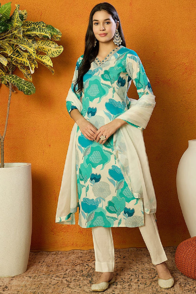 White Cotton Blend Floral Printed Straight Cut Suit Set