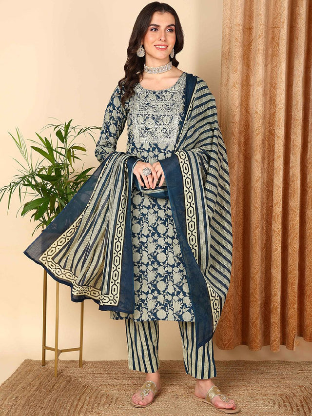Navy Blue Rayon Blend Floral Embroidered Straight Kurti Pants With Dupatta