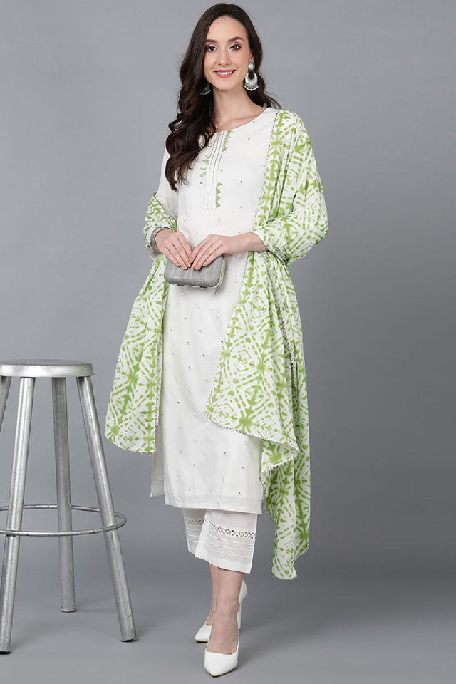 Green Rayon Blend Solid Embroidered Straight Cut Suit Set