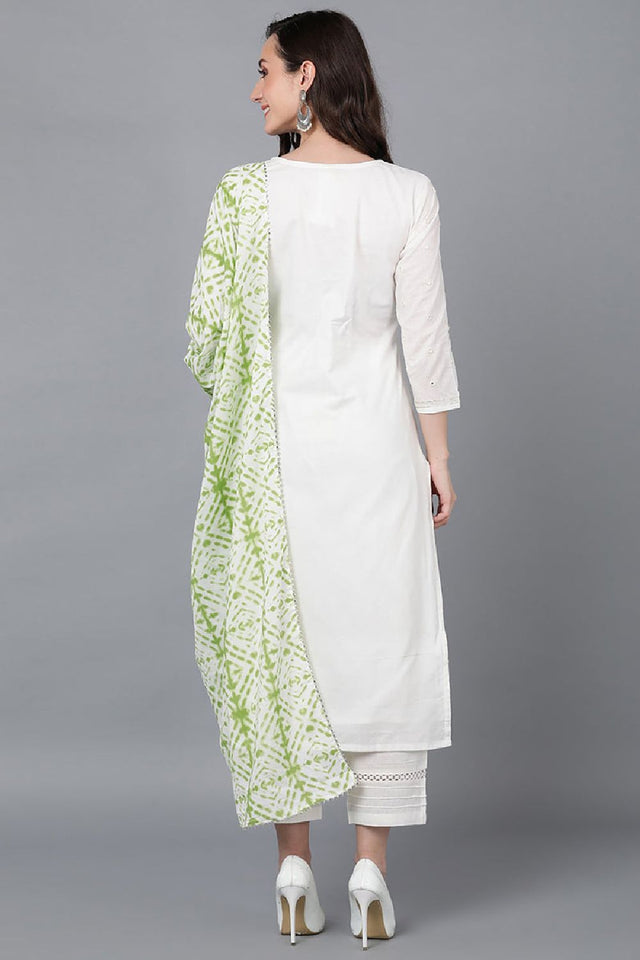 Green Rayon Blend Solid Embroidered Straight Cut Suit Set