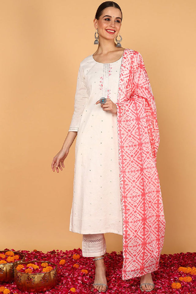 Pink Rayon Blend Solid Embroidered Straight Cut Suit Set