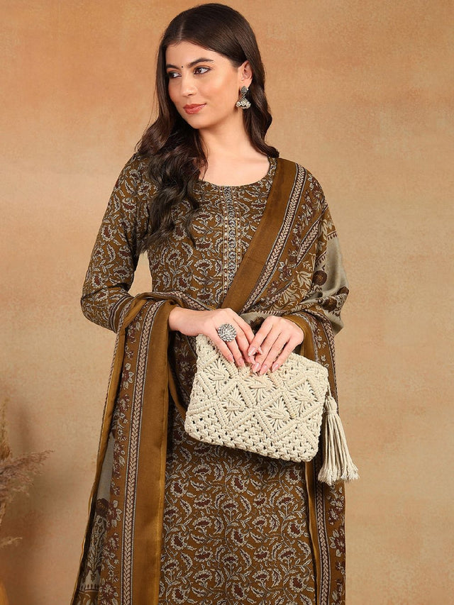 Brown Cotton Blend Ethnic Motifs Printed Straight Kurti Pant With Dupatta