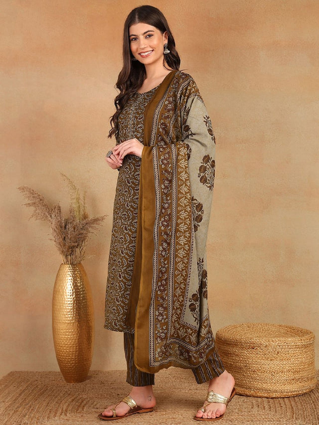 Brown Cotton Blend Ethnic Motifs Printed Straight Kurti Pant With Dupatta
