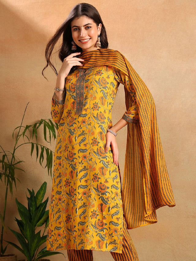 Yellow Rayon Blend Floral Printed Straight Kurti Pants With Dupatta