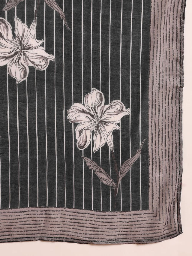 Black Rayon Blend Floral Printed Straight Kurti Pants With Dupatta